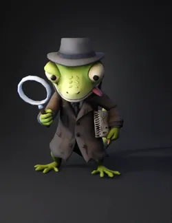 green chameleon detective in trench coat and fedora holding magnifying