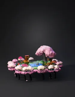 island with cherry blossom trees central blue pond picnic mats and s