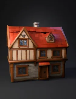 timber framed cottage with red roof stone base and wooden beams