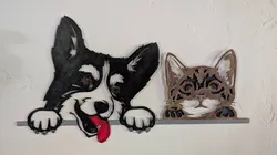 Border Collie and Cat Looking Over Fence Silhouette
