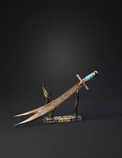 decorative curved sword with arabic script metal blade turquoise gri