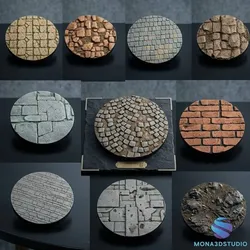 Set of 10 Miniature Bases – 25/32/40/50mm (Bricks, Dirt, Rocks) + SLA Pre-Supported