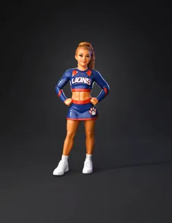 cheerleader action figure wearing blue and red uniform with paw print