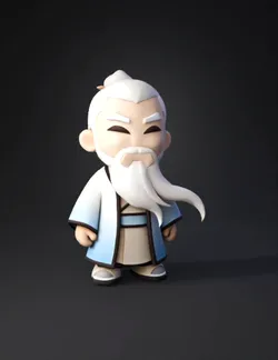 Chibi sage character with white beard in blue and white robe