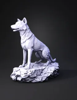 Create a photorealistic 3D sculpture of a female domestic dog with