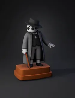 gentleman skeleton figurine with top hat cane gray coat on brown ped