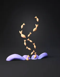 group of small peach fish swimming above purple curved shapes