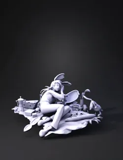 sleeping character on giant spoon surrounded by food items with blue h