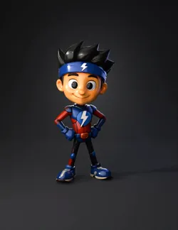 superhero action figure with blue suit and red accents lightning embl
