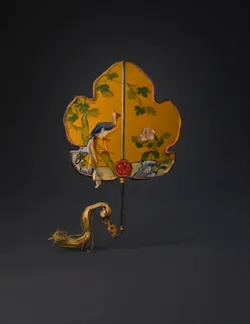 hand fan with ornate yellow painted screen showing floral and bird mot