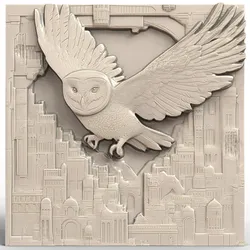 3D Model STL File for CNC Router/Laser & 3D Printer An Owl Flying with a Magician's Cloak over an Ancient City 1