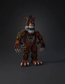 bear animatronic with gears sharp teeth claws and torn orange fur