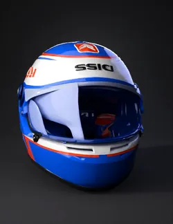 Crea un casco da Formula uno con la visiera aperta e il viso all Inter