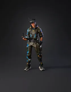 military operator wearing tactical armor and exoskeleton with olive dr