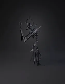 tall skeletal statue with elongated spines and bony limbs pale bone t