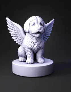 winged dog statue on marble pedestal with detailed feathered wings and