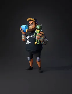 bear mascot with glasses holding glowing blue apple and a green robot