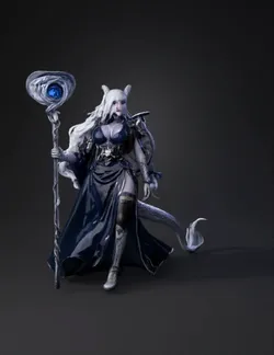 Fantasy armored female warrior with elaborate silver armor dark blue