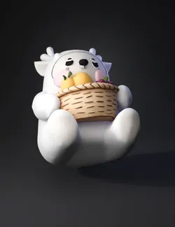 panda holding basket stylized character with white fur and brown wove