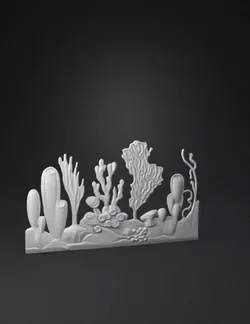 coral reef relief sculpture with diverse coral shapes in white materia