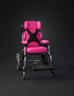 Pink wheelchair with padded cushions metal frame wheels and footres