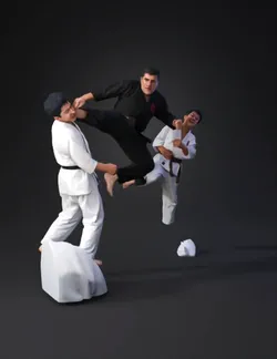 A martial arts instructor in a black gi performing a high kick during