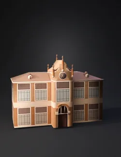 two story brick school building with center arch doorway and clock tow