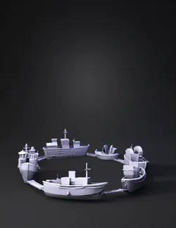create a big circle with multiple desorganize boats of diverses types