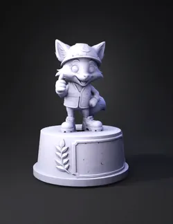 fox mascot wearing hard hat and safety vest on a trophy base orange a