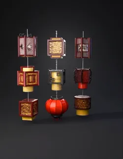 hanging oriental lanterns composed of metal frames wood accents red