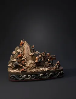 intricate stone mountain diorama with worker figures chiseling rock b