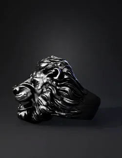 lion head ring with detailed mane in silver metal