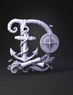 anchor with rope and compass surrounded by waves and scroll