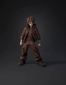anime character with fiery aura black hoodie and cargo pants glowing
