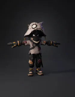 patchwork hooded character with stitched clothes and shark hood dark