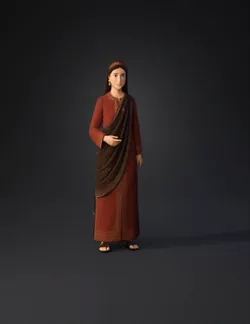 red traditional robe with brown draped scarf worn by a person