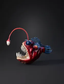 alien fish creature with gaping jaw full of sharp teeth red textured