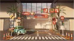 American retro street scene Low-poly 3D model