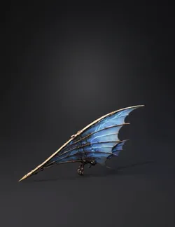 ornate fantasy dragon wing prop with translucent blue membrane and iro