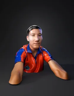 person wearing orange and blue polo shirt front view