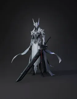 white and black armored knight with large sword ornate fantasy armor