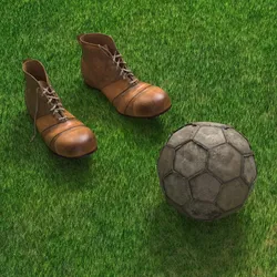 Soccer Ball Old Torn with Vintage Boots on Grass Fur 3D model