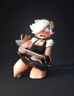 stylized anime character holding a tablet with a cup white hair blac