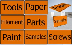 Signs organization Tools, Filament, Paint, Paper, Parts, Samples, Screws
