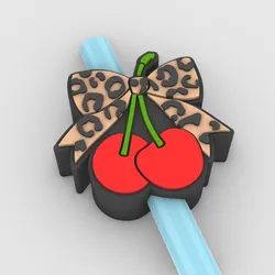 Straw Topper Cherries With Leopard Print Bow Fits Standard & Stanley Straws | STL, 3MF pre-painted