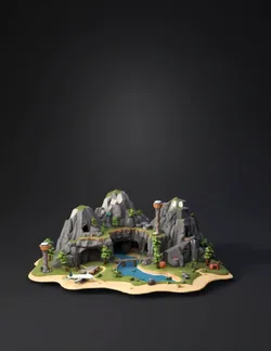 creame una isla 3d con cuevas un mini rio con puentes y acorde a un vi