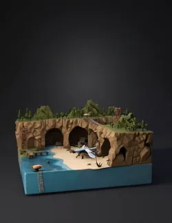 creame una isla 3d con cuevas un mini rio con puentes y acorde a un vi