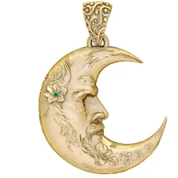 Golden Crescent Moon Guardian Pendant – Celestial Face with Floral Accents (3D Printable