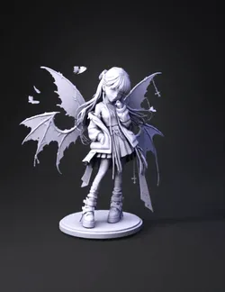 winged female character with dark outfit ornate black wings platform