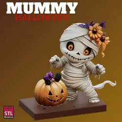 STL Chibi Mummy with Pumpkin Halloween Miniature 3D print model